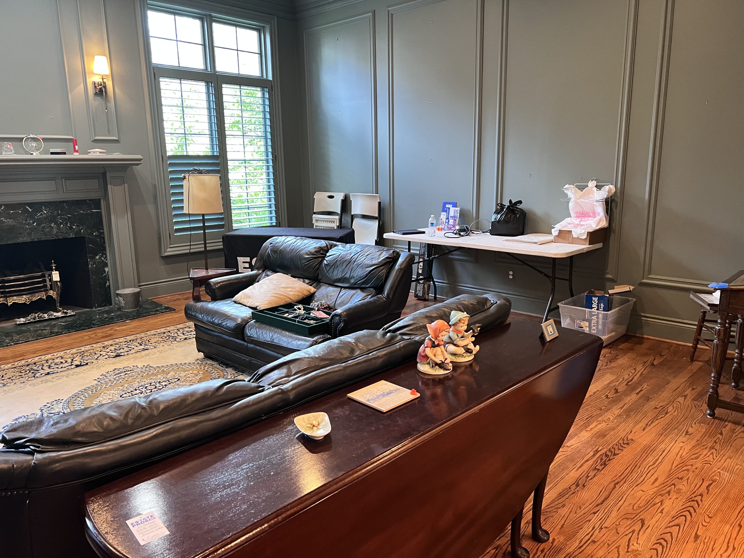 Living room with Hancock and Moore leather sofas and vintage gate leg table