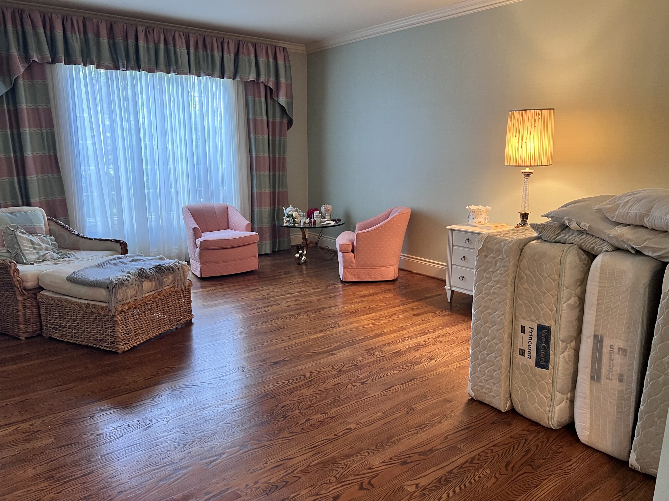 Crate and barrel oversized chair, upholstered arm chairs, ethan allen night stand after estate sale