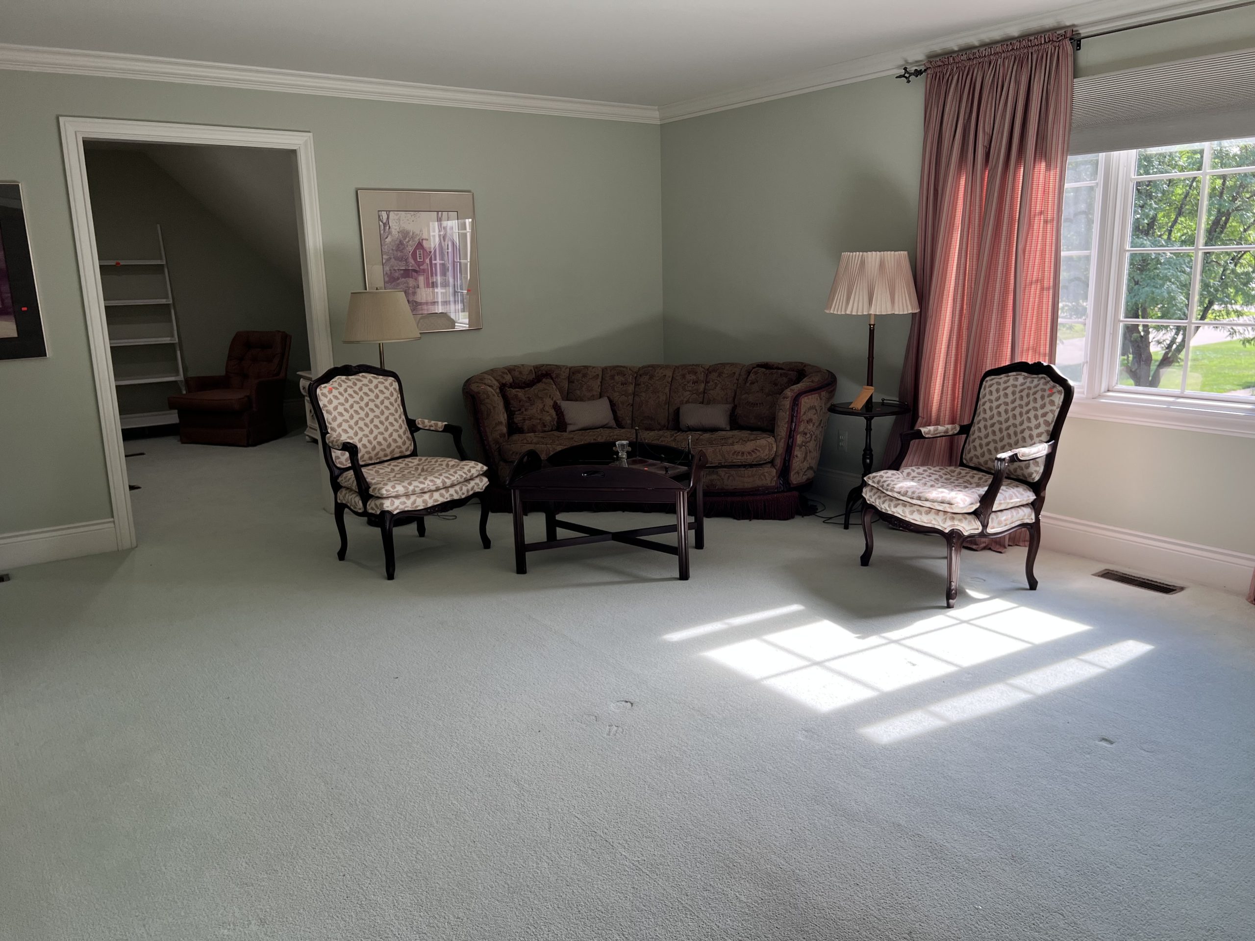 button tufted sofa, custom arm chairs, drop leaf coffee table