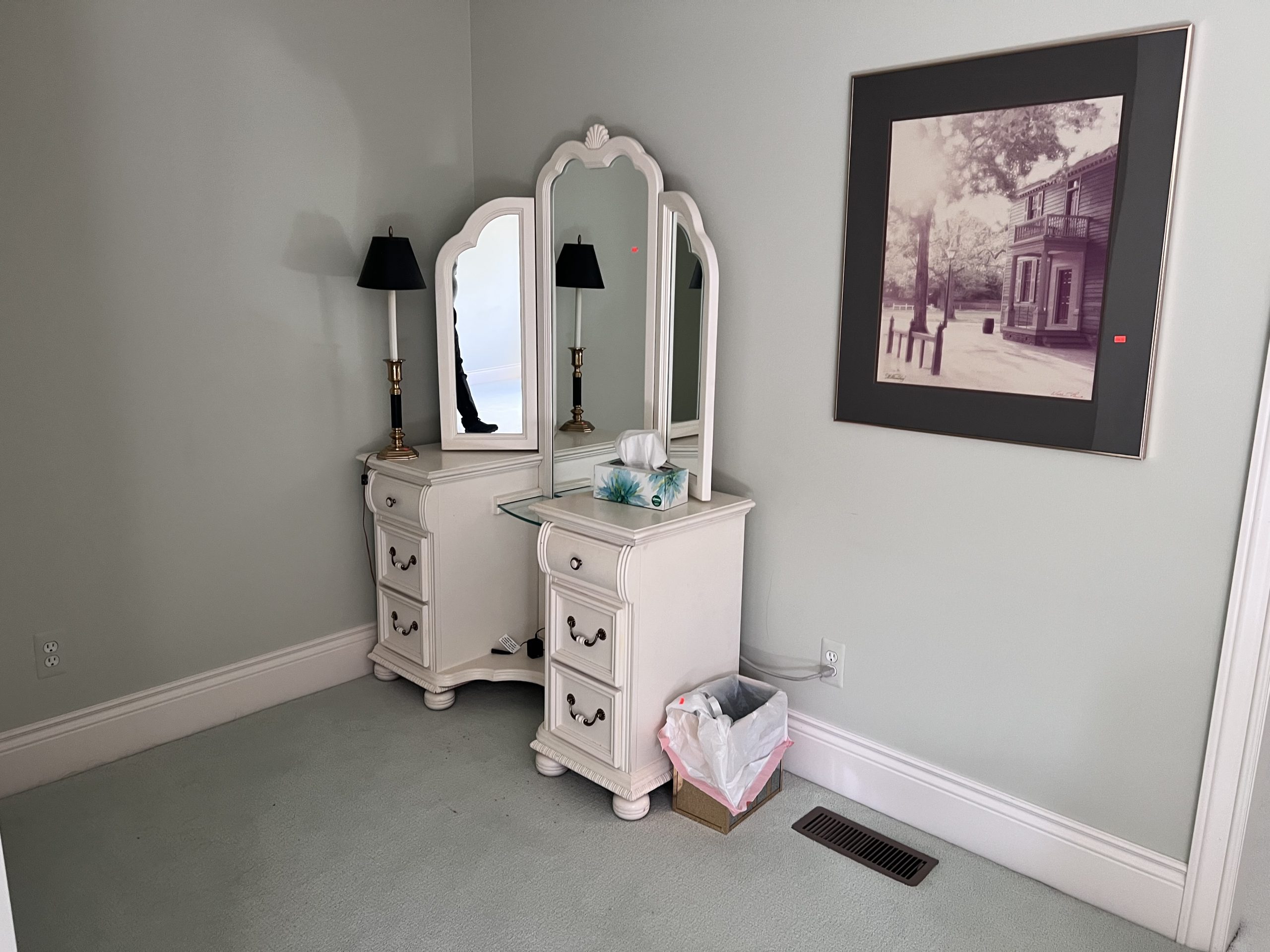 Vintage vanity desk, artwork