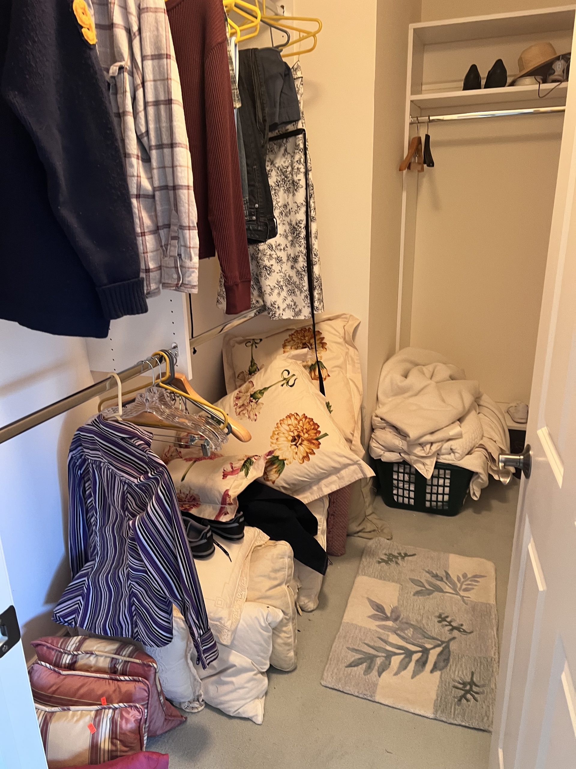 bedding, linens in closet after estate sale