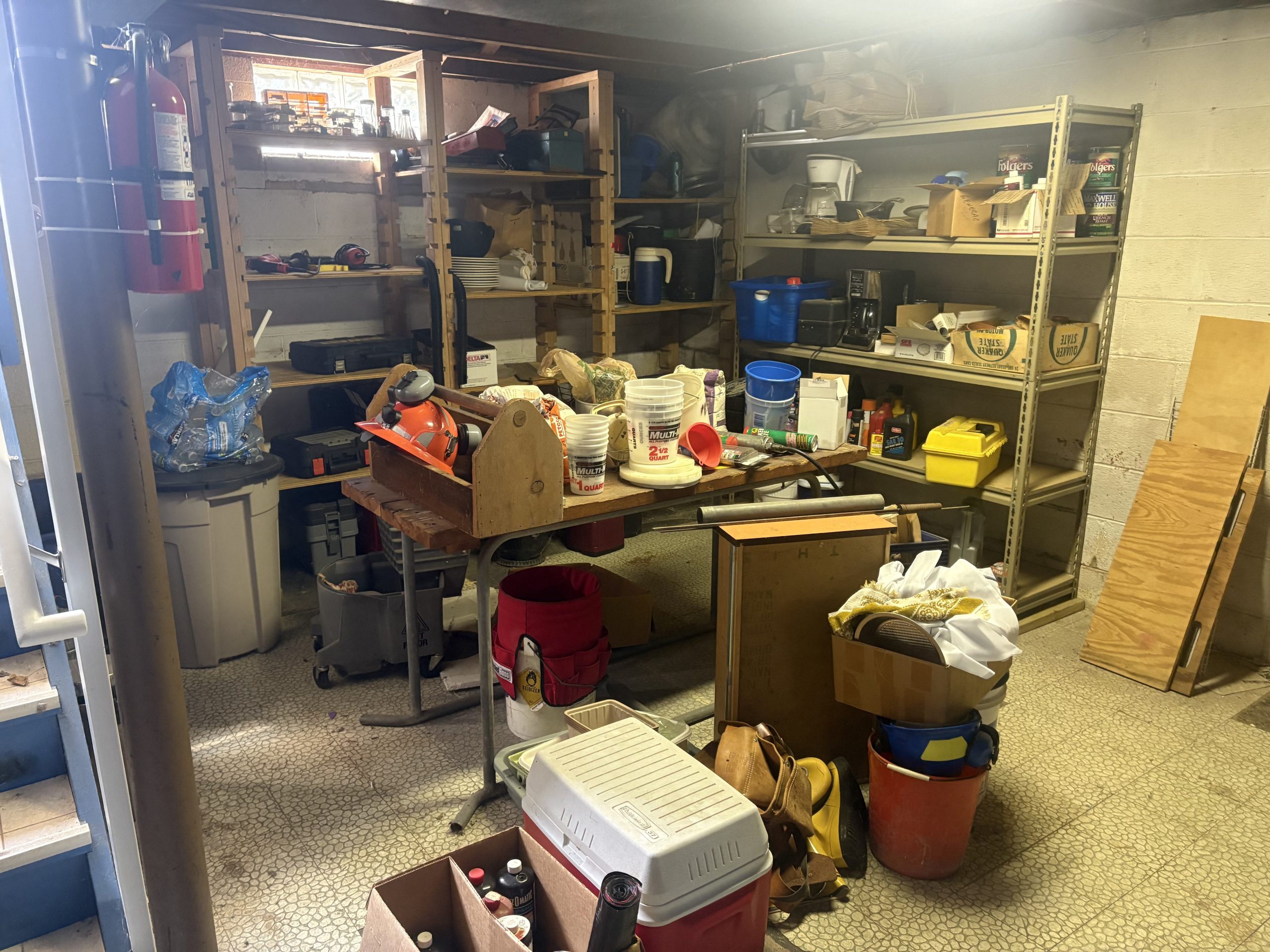 basement junk on shelves